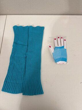 Teal Ribbed Knit Leg Warmers & Fishnet Gloves Set For Women 80s Style